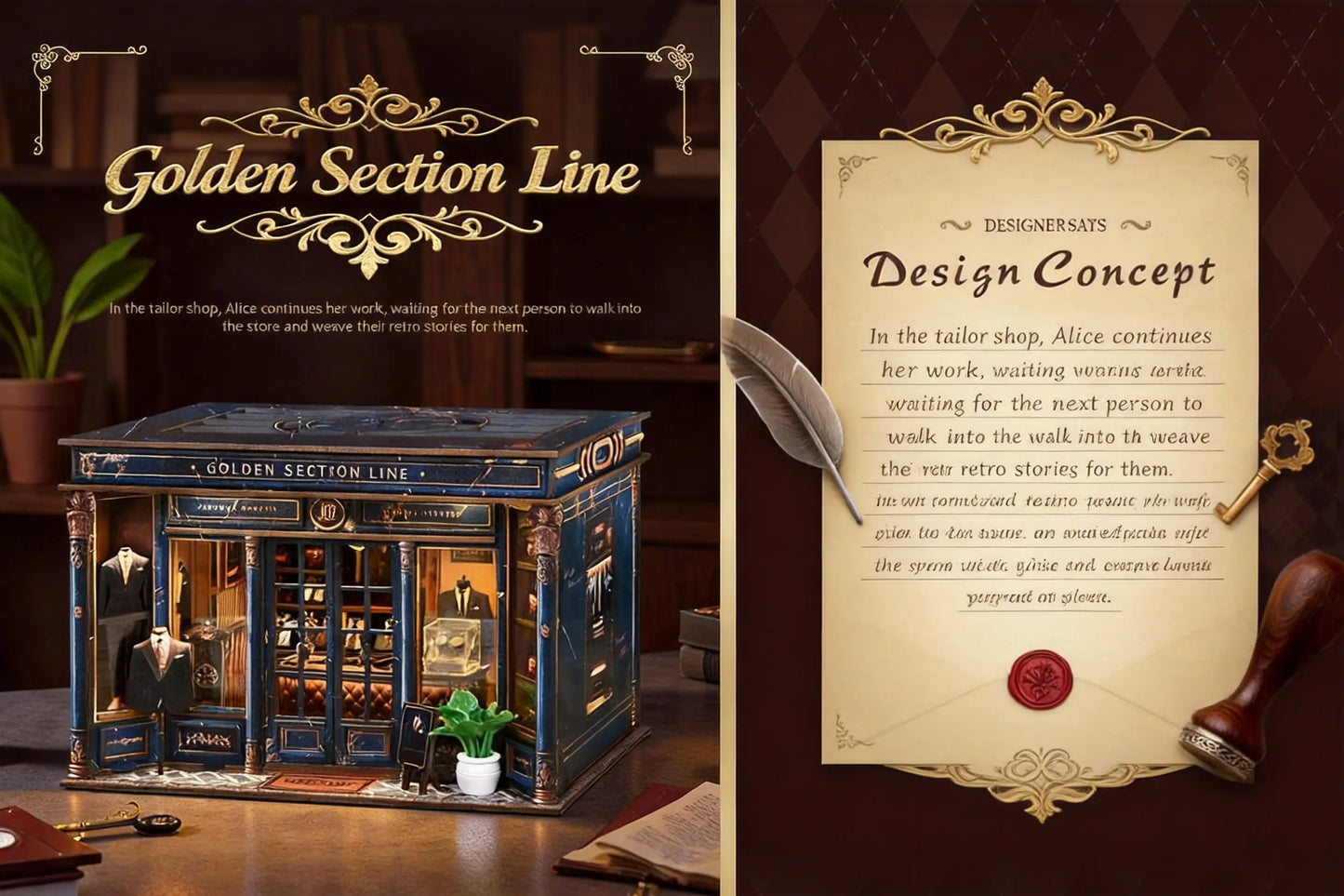 Pixie Curio Golden Section Line DIY Miniature House Kit – Vintage Bookshop Dollhouse with LED Light Pixie Curio