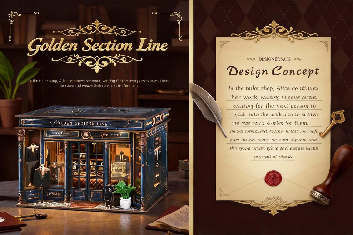 Pixie Curio Golden Section Line DIY Miniature House Kit – Vintage Bookshop Dollhouse with LED Light