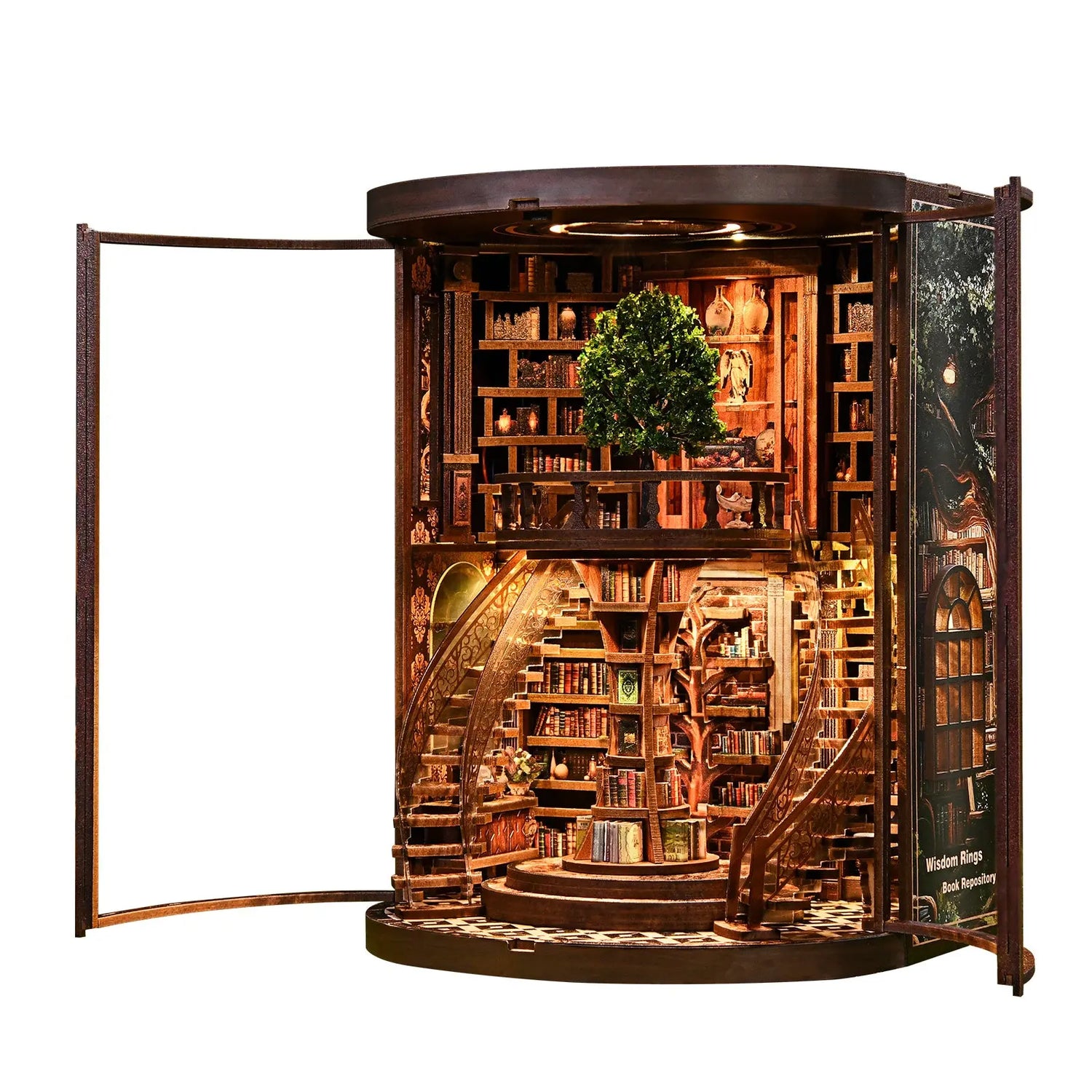 DIY book nook kit fantasy library assembled with warm LED lighting - front view