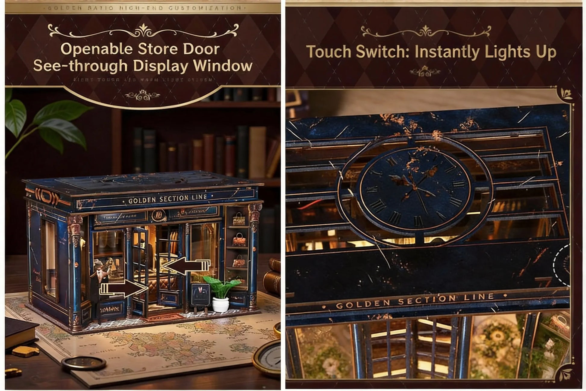 Pixie Curio Golden Section Line DIY Miniature House Kit – Vintage Bookshop Dollhouse with LED Light Pixie Curio